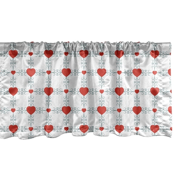 Ambesonne Romantic Window Valance, Wavy Lines and Hearts Art, 42" x 12", Scarlet Pale Blue Grey