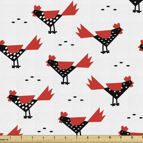 Ambesonne Rooster Fabric by the Yard Upholstery, Chinese New Year Pattern, 5 Yards, Vermilion Black and White