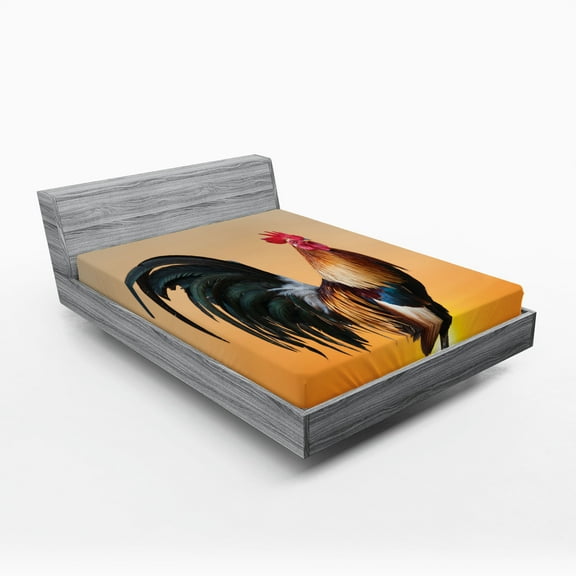 Ambesonne Rooster Fitted Sheet 2 Pcs Set, Farm Animal Sunrise, California King, Multicolor