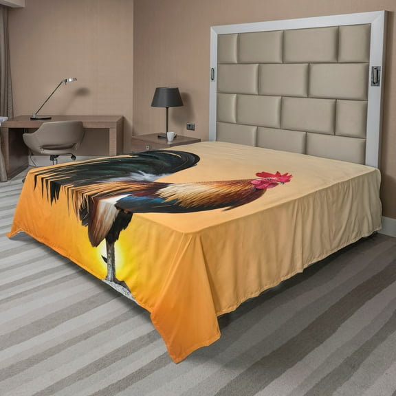 Ambesonne Rooster Flat Sheet, Farm Animal Sunrise, Full Size, Multicolor