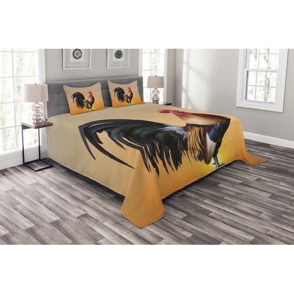 Ambesonne Rooster Quilted Bedspread Set 3 Pcs, Farm Animal Sunrise, Queen Size, Multicolor
