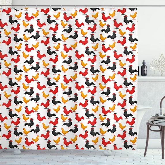 Ambesonne Rooster Shower Curtain, Farm Animal Bird Pattern, 69"Wx70"L, Charcoal Grey Vermilion