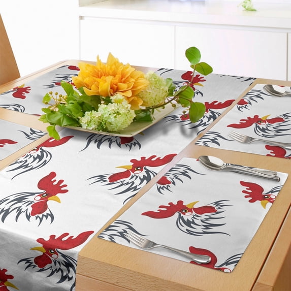 Ambesonne Rooster Table Runner & Placemats, Farm Animal Head Symbols, Placemat 4 pcs + Runner 12"x90", White and Vermilion