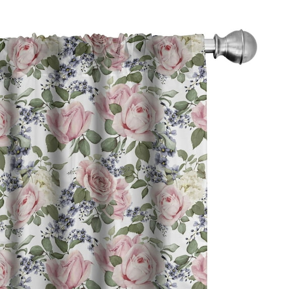 Ambesonne Rose Window Curtains, Flourishing Pink Flora, Each 28" W x 95" L, Pale Pink Green Bluegrey