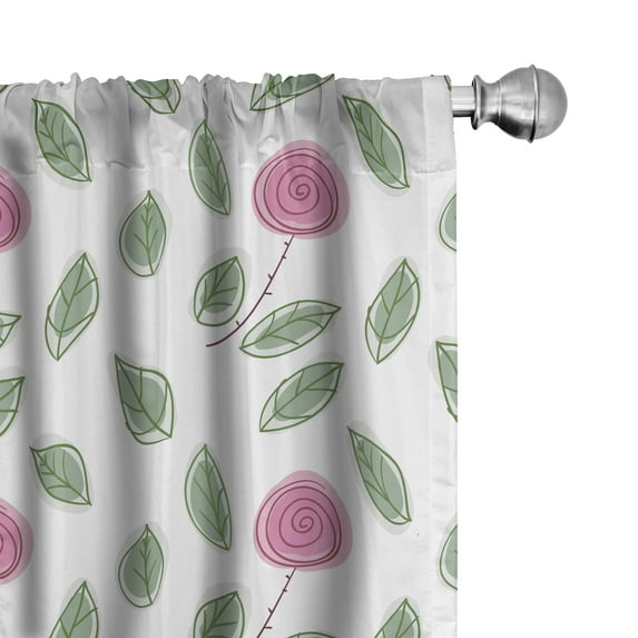 Ambesonne Rose Window Curtains, Modern Style Pink Blossoms, Each 28" W x 63" L, Pink Reseda Green White