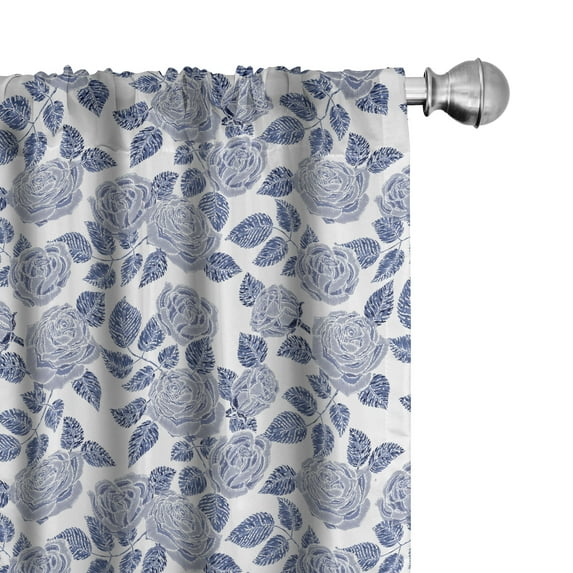 Ambesonne Rose Window Curtains, Monochrome Romantic Petals, Each 28" W x 84" L, Dark Violet Ceil Blue