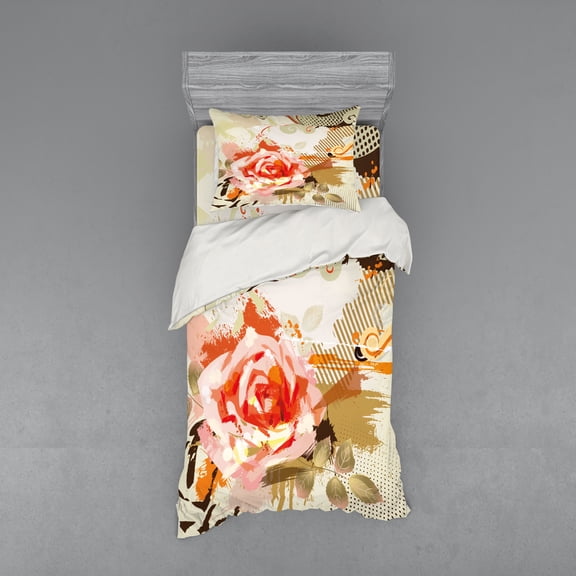 Ambesonne Rose Bedding Set 3 Pcs, Abstract Grunge, Twin, Khaki Orange Pink