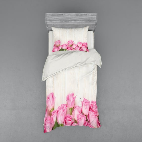 Ambesonne Rose Bedding Set 3 Pcs, Flowers on Wood Planks, Twin, Pink Green Cream
