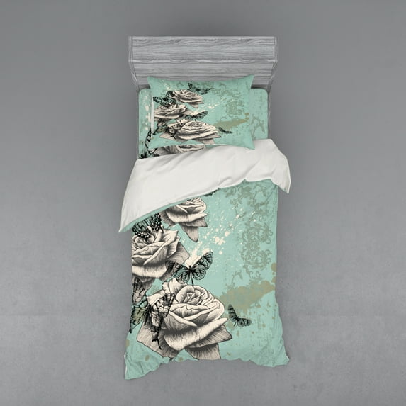 Ambesonne Rose Bedding Set 3 Pcs, Grunge Vintage, Twin XL, Seafoam Grey Black