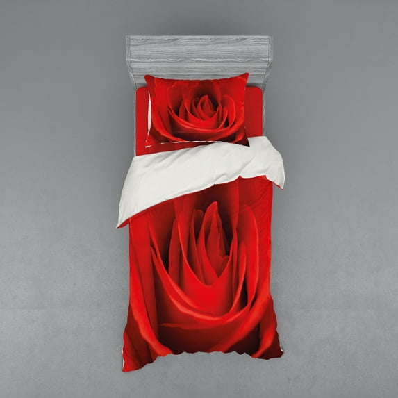Ambesonne Rose Bedding Set 3 Pcs, Natural Beauty Red Blossom, Twin, Vermilion