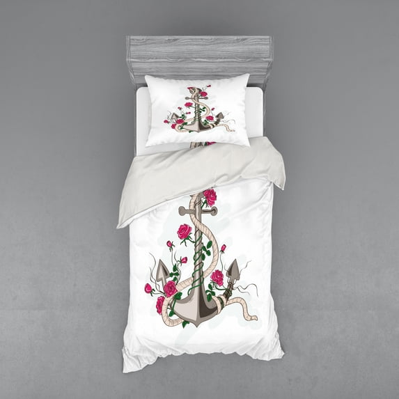 Ambesonne Rose Bedding Set 3 Pcs, Romantic Sea Anchor, Twin XL, Hot Pink Green Taupe
