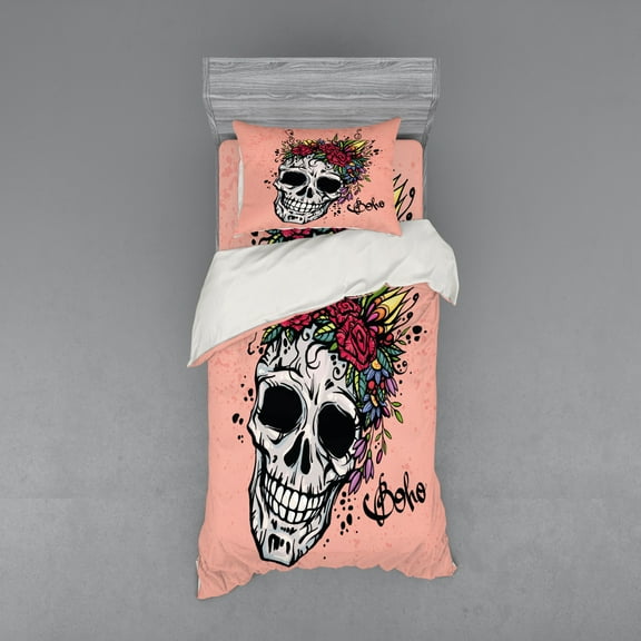 Ambesonne Rose Bedding Set 3 Pcs, Skull Boho Floral Wreath, Twin, Coral Multicolor