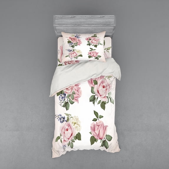 Ambesonne Rose Bedding Set 3 Pcs, Springtime Bouquets Nature, Twin XL, Pale Pink Reseda Green