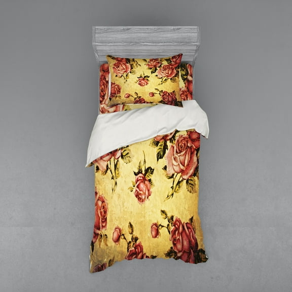 Ambesonne Rose Bedding Set 3 Pcs, Victorian Style Pattern, Twin, Cream Pink Green