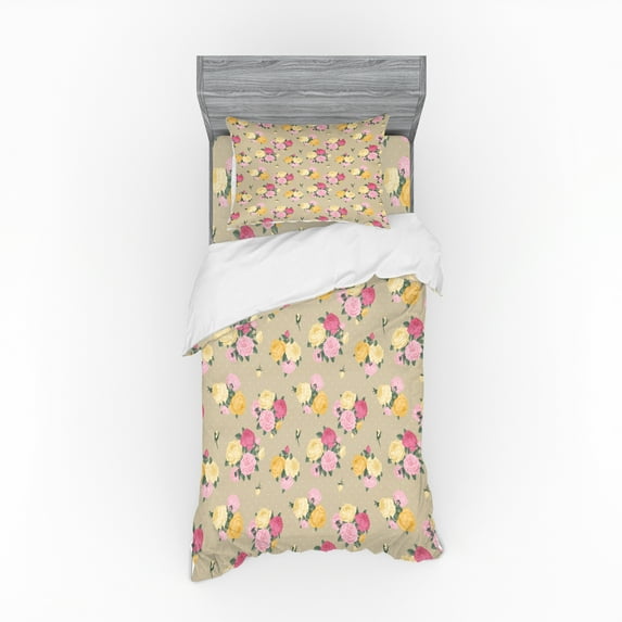 Ambesonne Rose Bedding Set 3 Pcs, Vintage Rose Bunches Dots, Twin XL, Multicolor
