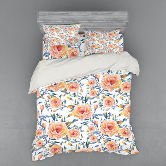 Ambesonne Rose Bedding Set 4 Pcs, Blossoms with Aquarelle Effect, Queen, Multicolor