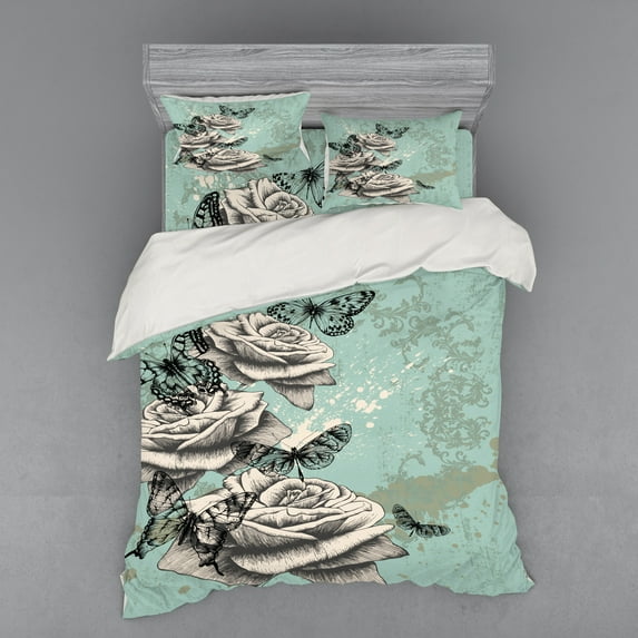 Ambesonne Rose Bedding Set 4 Pcs, Grunge Vintage, Queen, Seafoam Grey Black