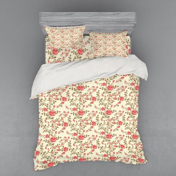 Ambesonne Rose Bedding Set 4 Pcs, Rustic Floral Classical, Queen, Pale Yellow Dark Coral