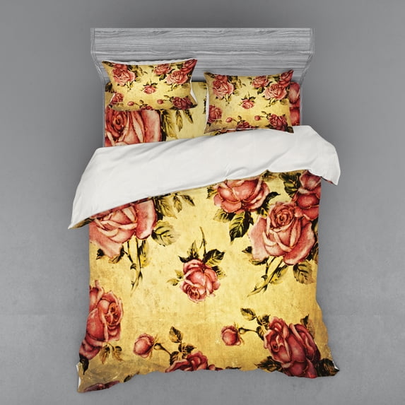 Ambesonne Rose Bedding Set 4 Pcs, Victorian Style Pattern, Queen, Cream Pink Green