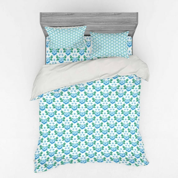 Ambesonne Rose Bedding Set 4 Pcs, Vintage Blue Blooms Botany, Queen, Sky Blue Jade Green