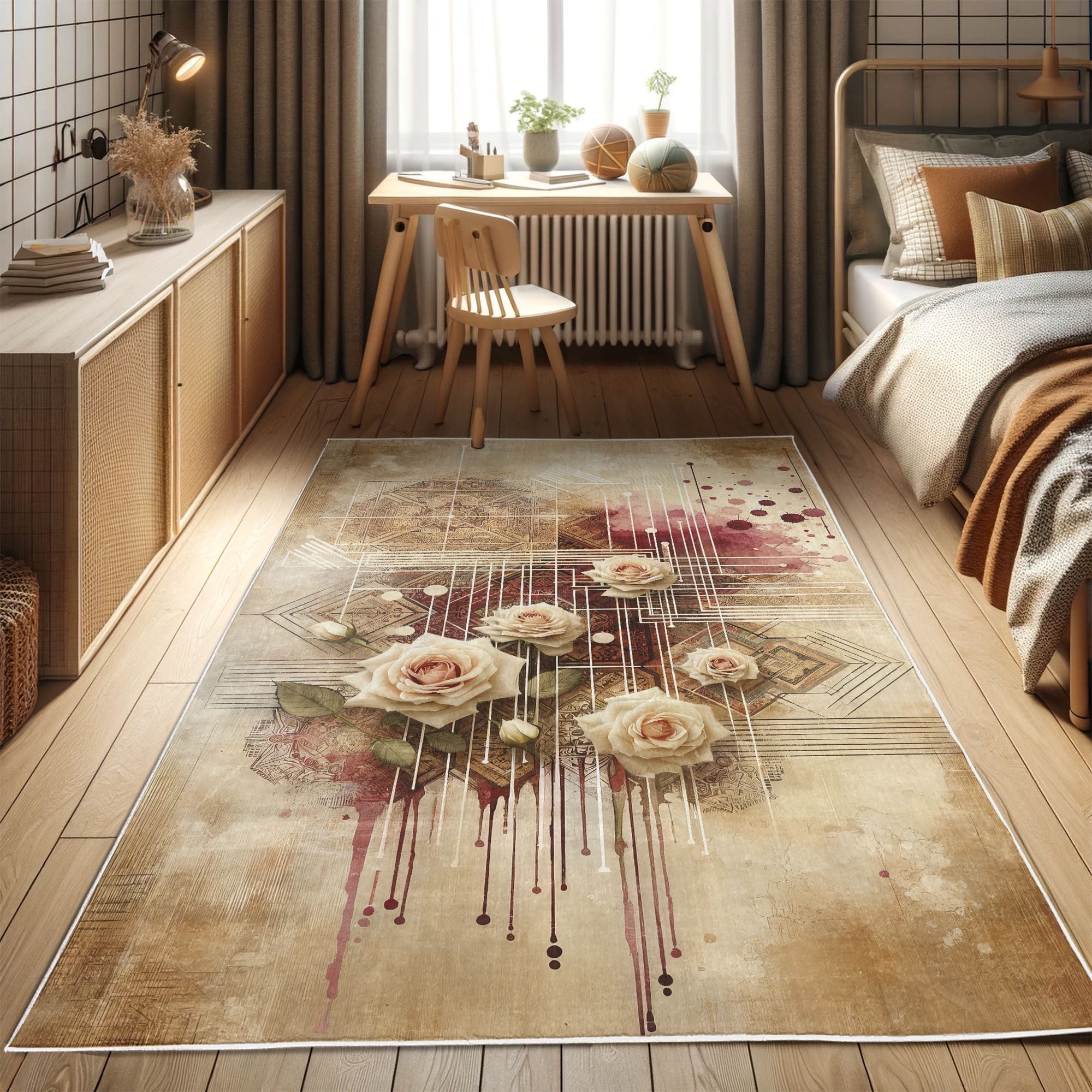 Camel and Raspberry Floral Synthetic Area Rug 2' 5" x 5'