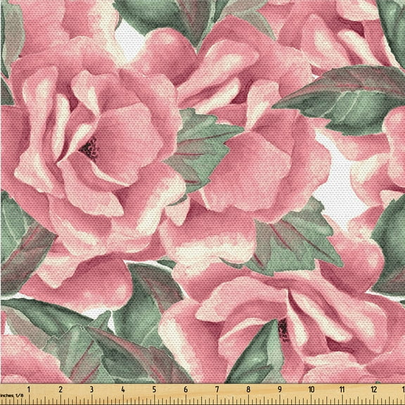 Ambesonne Rose Design Fabric by the Yard Upholstery, Vintage Delicate Floral, 10 Yards, Pale Pink Peacock Green