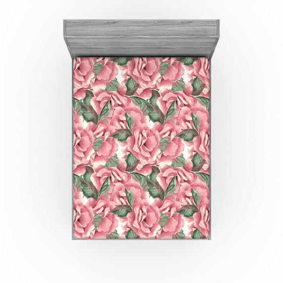 Ambesonne Rose Design Fitted Sheet, Vintage Delicate Floral, Full Size, Pale Pink Peacock Green