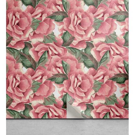 Ambesonne Rose Design Peel & Stick Wallpaper for Home, Vintage Delicate Floral, 13"x36", Pale Pink Peacock Green