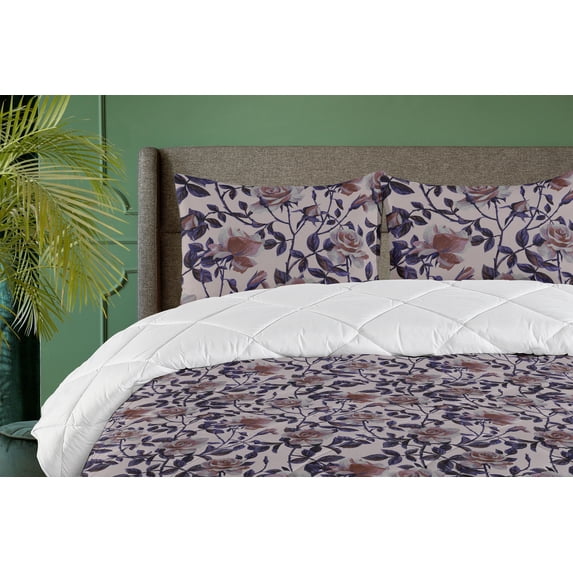Ambesonne Rose Down Alternative Quilt Comforter, Gothic Flowers Vintage Print, Twin, Blush Quartz and Dried Rose
