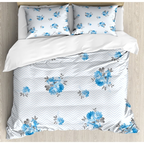 Ambesonne Rose Duvet Cover Set, Blue Color Romantic Flower, 2-Calking, Blue Grey