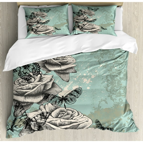 Ambesonne Rose Duvet Cover Set, Grunge Vintage, Calking, Seafoam Grey Black
