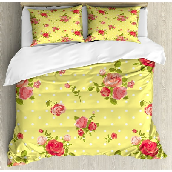 Ambesonne Rose Duvet Cover Set, Old Fashioned Feminine, Queen, Yellow Coral Green