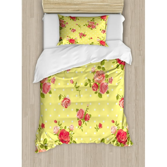 Ambesonne Rose Duvet Cover Set, Old Fashioned Feminine, Twin, Yellow Coral Green
