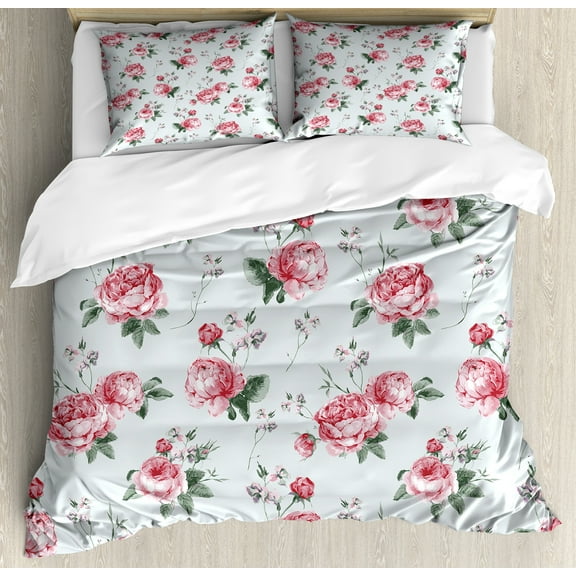 Ambesonne Rose Duvet Cover Set, Pink Blossom English Flora, Calking, Reseda Green Pink