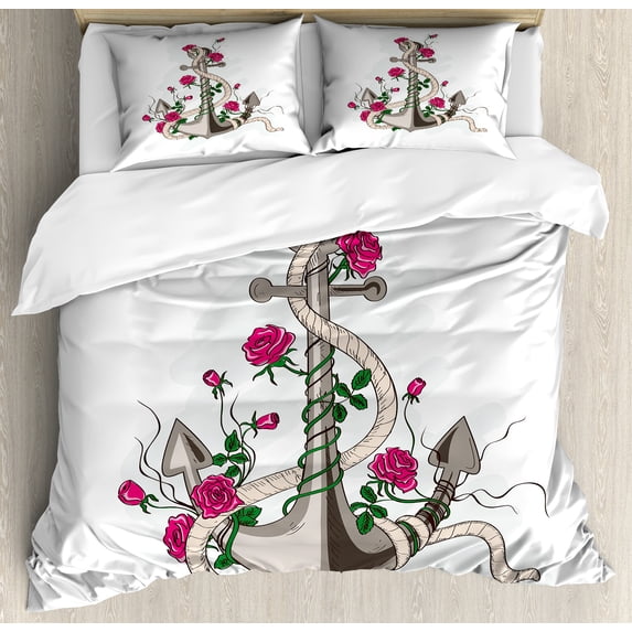 Ambesonne Rose Duvet Cover Set, Romantic Sea Anchor, Calking, Hot Pink Green Taupe