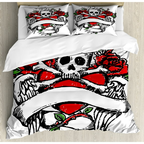 Ambesonne Rose Duvet Cover Set, Sketch Skull Big Red Heart, King, Black Vermilion Green