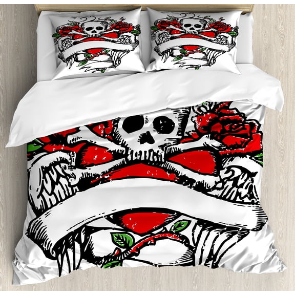 Ambesonne Rose Duvet Cover Set, Sketch Skull Big Red Heart, Queen, Black Vermilion Green