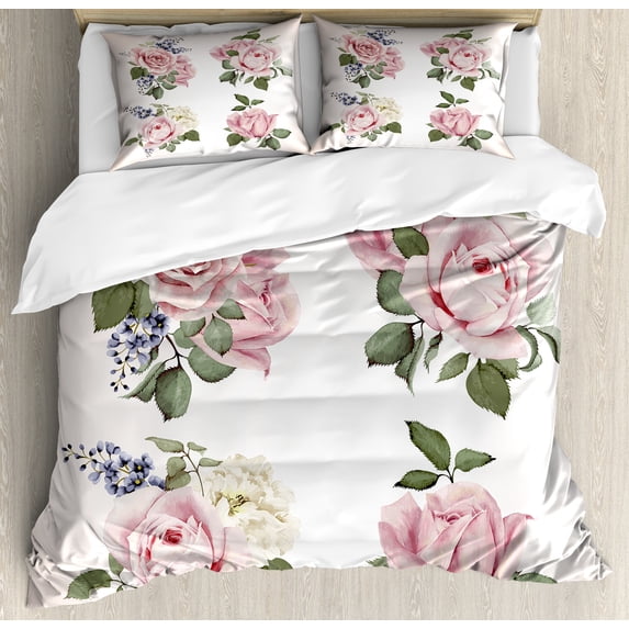 Ambesonne Rose Duvet Cover Set, Springtime Bouquets Nature, 2-Calking, Pale Pink Reseda Green