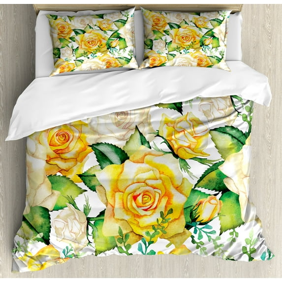 Ambesonne Rose Duvet Cover Set, Watercolor Wedding Flowers, 2-Calking, Yellow Beige Green