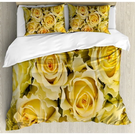 Ambesonne Rose Duvet Cover Set, Yellow Bridal Flourish, 2-Calking, Yellow Pale Green