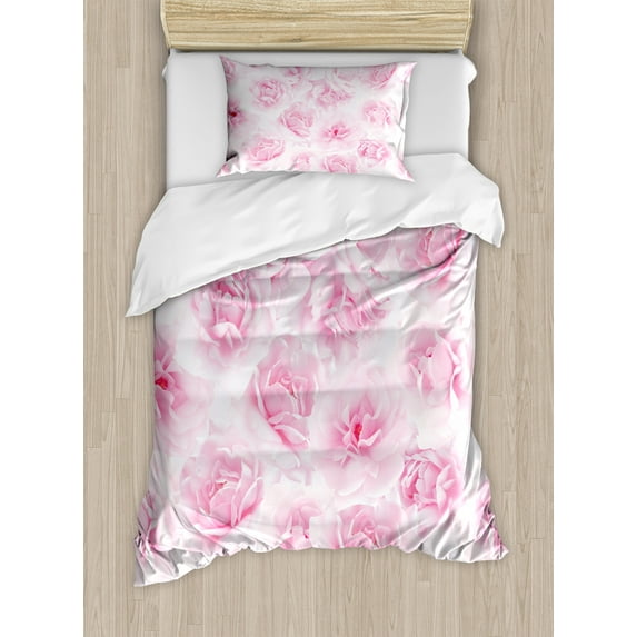 Ambesonne Rose Duvet Cover Sets, Floral Garden Victorian, 2-Twin, Soft Pink