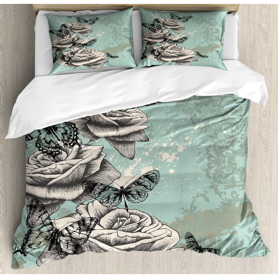 Ambesonne Rose Duvet Cover Sets, Grunge Vintage, 2-Queen, Seafoam Grey Black