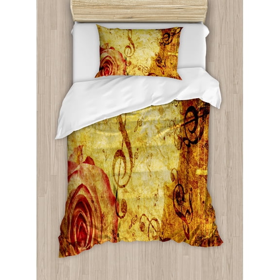 Ambesonne Rose Duvet Cover Sets, Old Rose Music Note Shabby, 2-Twin, Cream Red