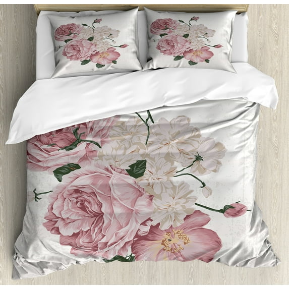 Ambesonne Rose Duvet Cover Sets, Old Roses Corsage Grunge, 2-King, Beige Rose Green