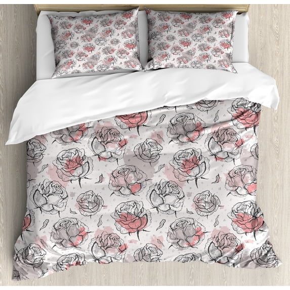 Ambesonne Rose Duvet Cover Sets, Pastel Paint Blots Flowers, 2-King, Pale Rose Coral Grey