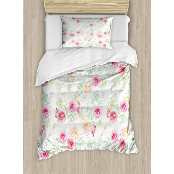 Ambesonne Rose Duvet Cover Sets, Retro Painting, 2-Twin, White Pink Green