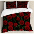thumbnail image 1 of Ambesonne Rose Duvet Cover Sets, Retro Petals Leaves Growth, 2-King, Ruby Hunter Green Black, 1 of 7