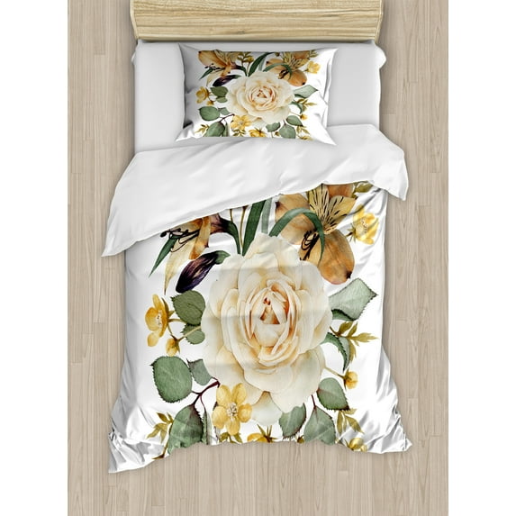 Ambesonne Rose Duvet Cover Sets, Romantic Bridal Bouquet, 2-Twin, Pale Orange Cream Green