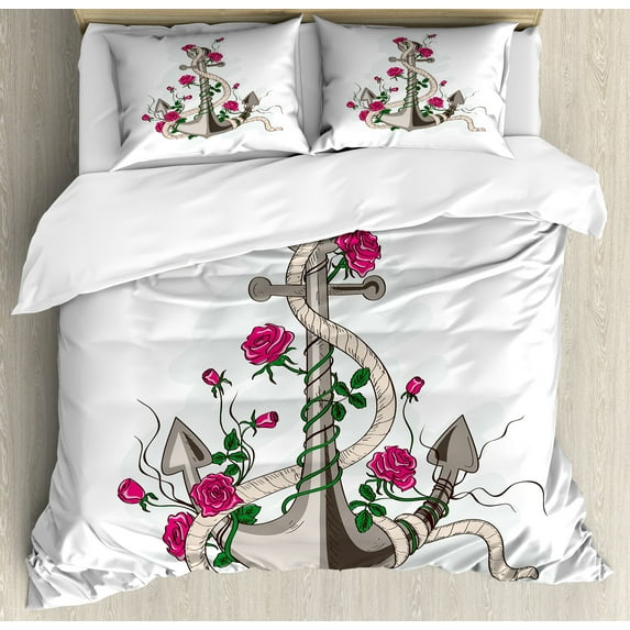 Ambesonne Rose Duvet Cover Sets, Romantic Sea Anchor, 2-Queen, Hot Pink Green Taupe