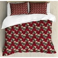thumbnail image 1 of Ambesonne Rose Duvet Cover Sets, Skulls Red Blossoms Retro, 2-Queen, Vermilion Tan Green, 1 of 7
